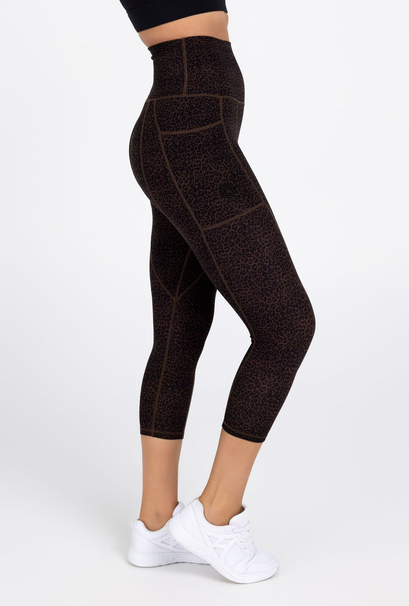 Sweat Resistant Activewear, high waisted chocolate leopard 3/4 length tights, high waisted 3/4 length leggings, Idea Athletic Australia