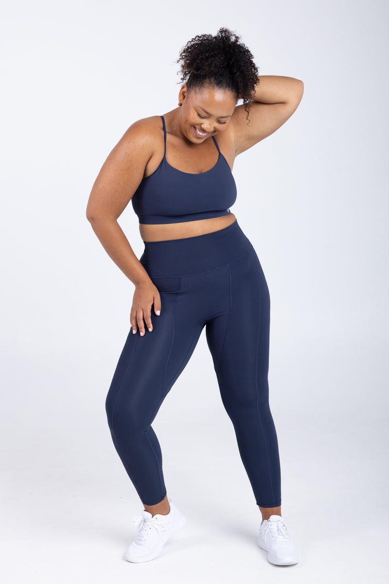 Sweat Resistant Activewear, high waisted statement navy full length tights, high waisted full length leggings, Idea Athletic Australia